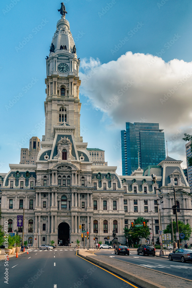 PHILADELPHIA, USA  City Hall of Philadelphia - the largest city in the Commonwealth of Pennsylvania and the fifth-most populous city in the USA.  Vivid, splittoned image.