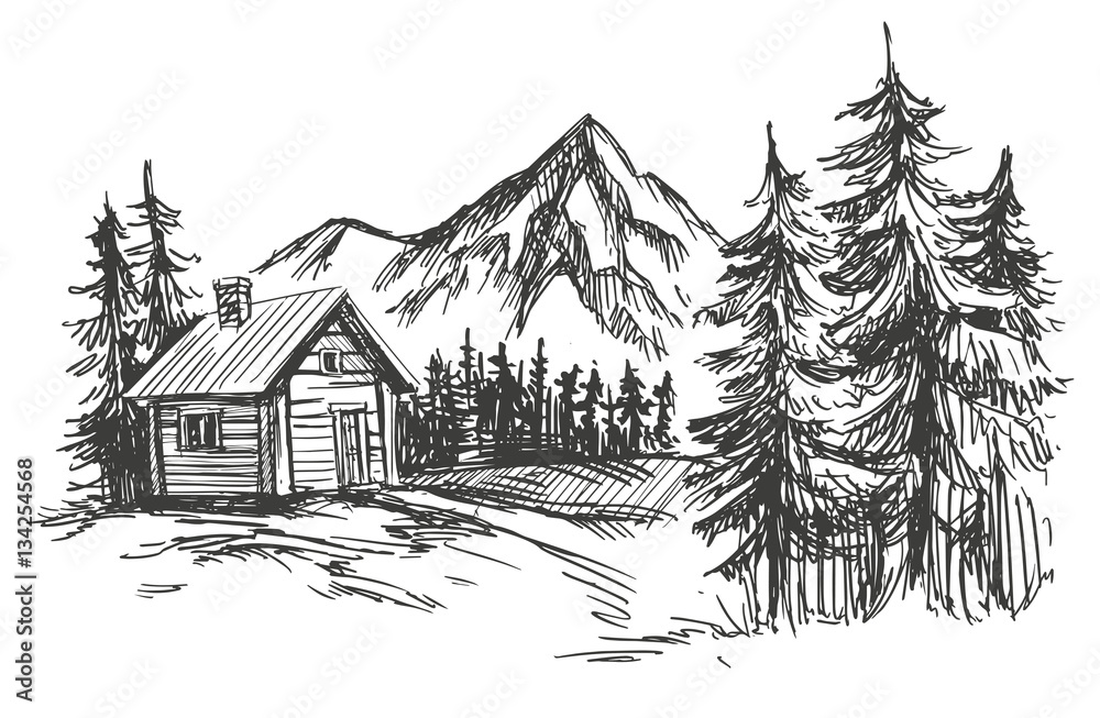 house in mountain landscape hand drawn vector illustration sketch
