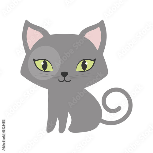 Fototapeta Naklejka Na Ścianę i Meble -  gray small cat sitting green eyes tail spiral vector illustration eps 10