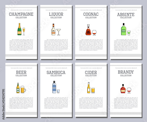 Vector alcohol list with icons for bar menu. Vodka wine whiskey tequila vermouth gin rum port. Brochure cafe restaurant illustration. Template background.