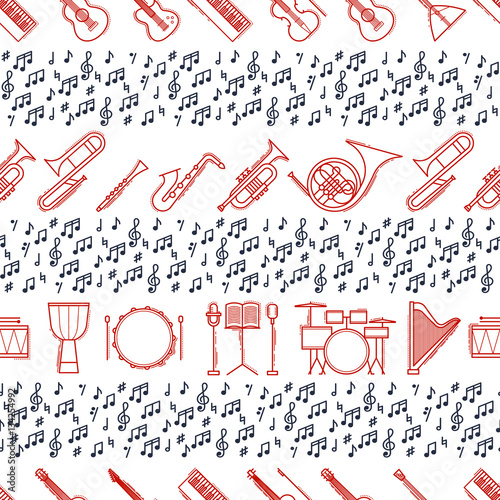 Musical instruments seamless pattern. Vector classic element illustration. Saxophone cello horn guitar piano harp and others silhouette collection. Modern line style