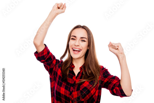 Winner happy woman celebrating success on white background