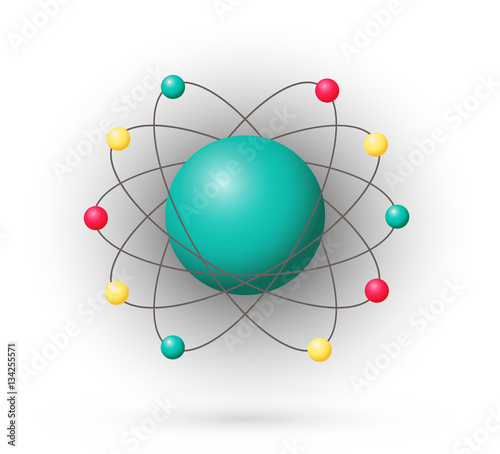 Atom, color model with electrons and nucleus