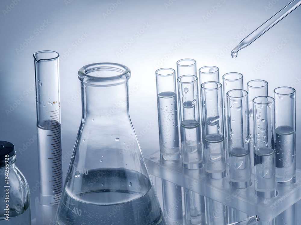 Different laboratory beakers and glassware.