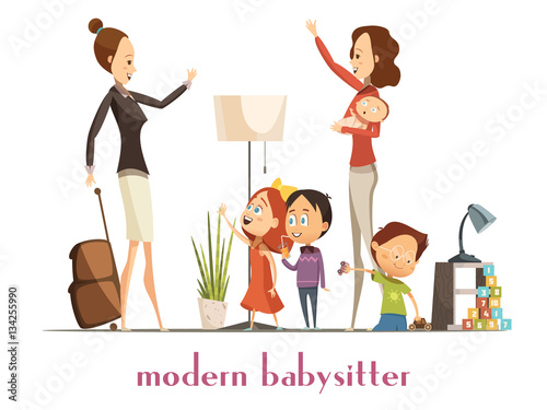 Modern Babysitter Nanny Service Cartoon Illustration 