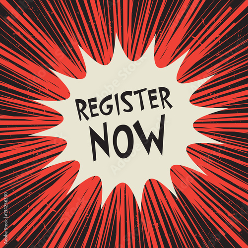 Comic book explosion business concept with text Register now