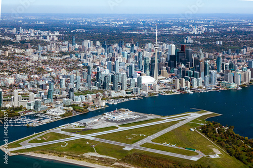 Aerial view of downtown Toronto with Billy Bishop Island Airport  in the foreground.