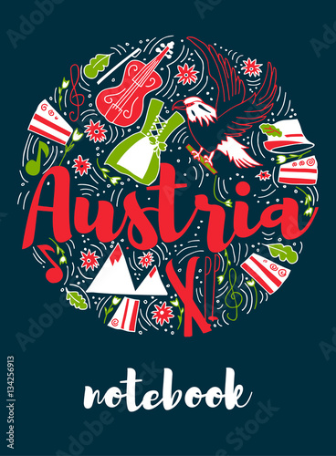 Austria Landmark Travel and Journey Infographic Vector Design. Austria country design template. Template for souvenir Greeting Card, cup, t-shirt, notebook.