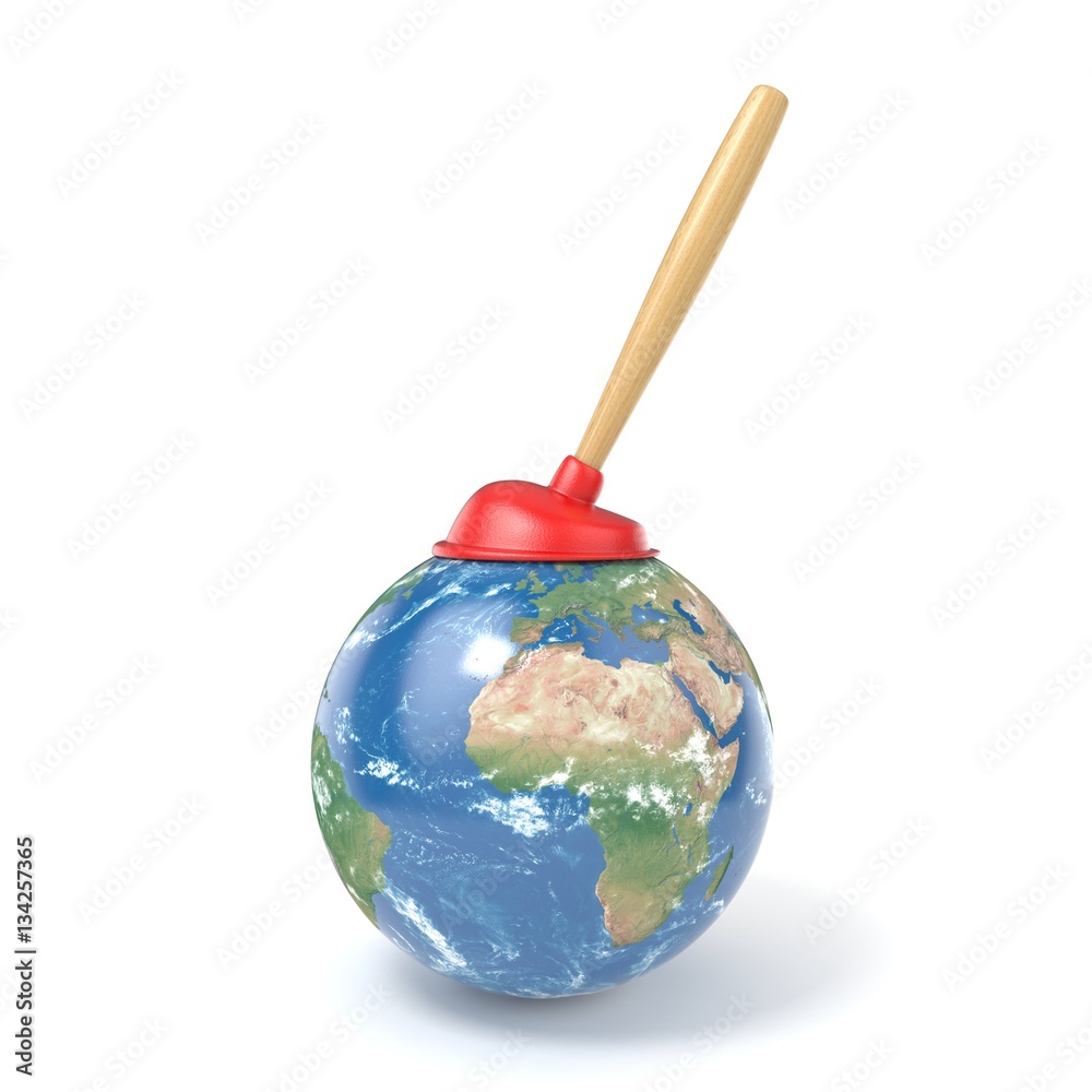 Red kitchen plunger on planet Earth 3D Red kitchen plunger on planet Earth 3D