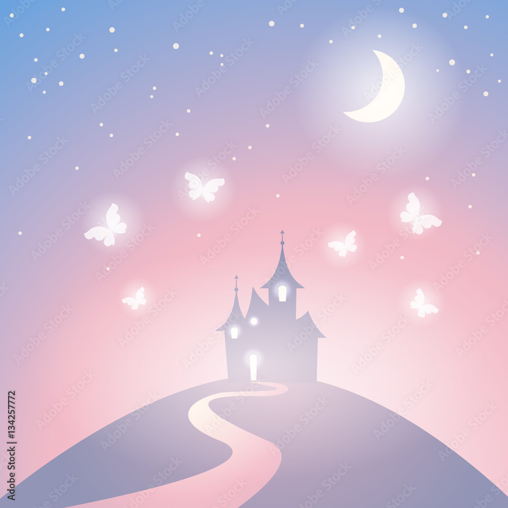 Vector fantasy castle silhouette on the hill. Fairy tale fantasy castle. Illustration of mysterious night landscape.