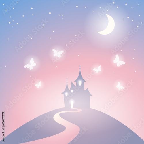 Vector fantasy castle silhouette on the hill. Fairy tale fantasy castle. Illustration of mysterious night landscape.