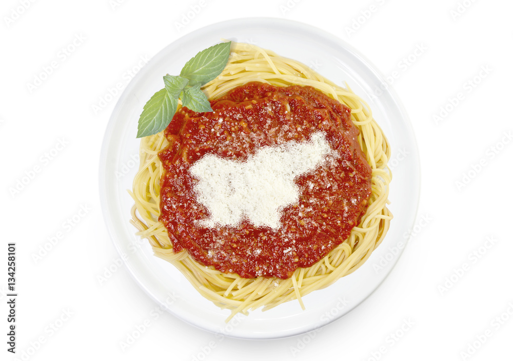 Dish of pasta with parmesan cheese shaped as Slovenia.(series) Dish of pasta with parmesan cheese shaped as Slovenia.(series)
