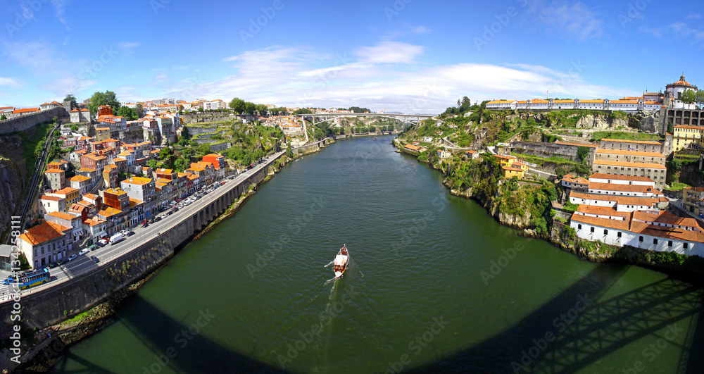 Panorama of Duoro river and buildings of Vila Nova de Gaia, Porto city, Portugal. View from Dom Luis Bridge