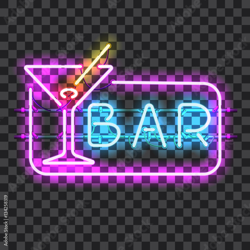Glowing neon bar sign BAR isolated on transparent background. Shining and glowing neon effect. All elements are separate units with wires, tubes, brackets and holders.