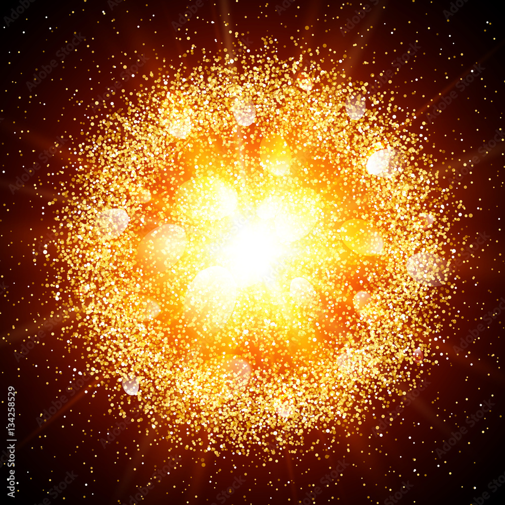 Abstract explosion with gold glittering elements. Burst of glowing star. Dust firework light effect with red glow. Sparkles splash powder background. Vector illustration.