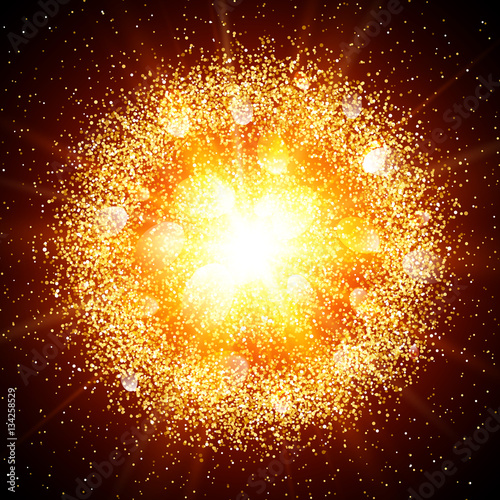 Abstract explosion with gold glittering elements. Burst of glowing star. Dust firework light effect with red glow. Sparkles splash powder background. Vector illustration.