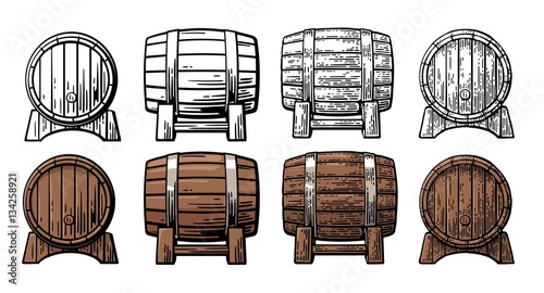 Fotografering Wooden barrel front and side view engraving vector illustration
