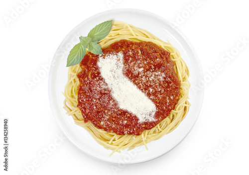 Dish of pasta with parmesan cheese shaped as California.(series)