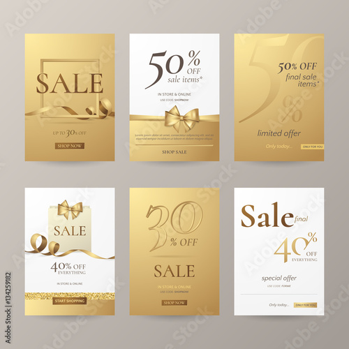 Set of elegant sale banners with golden bow, frame, ribbon and paper shopping bag. Vector template for website with gold background. Isolated from the background.