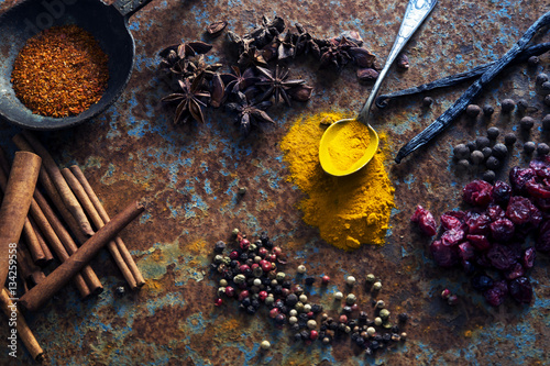 Close-Up overhead view of an assorted arrangement of spices photo