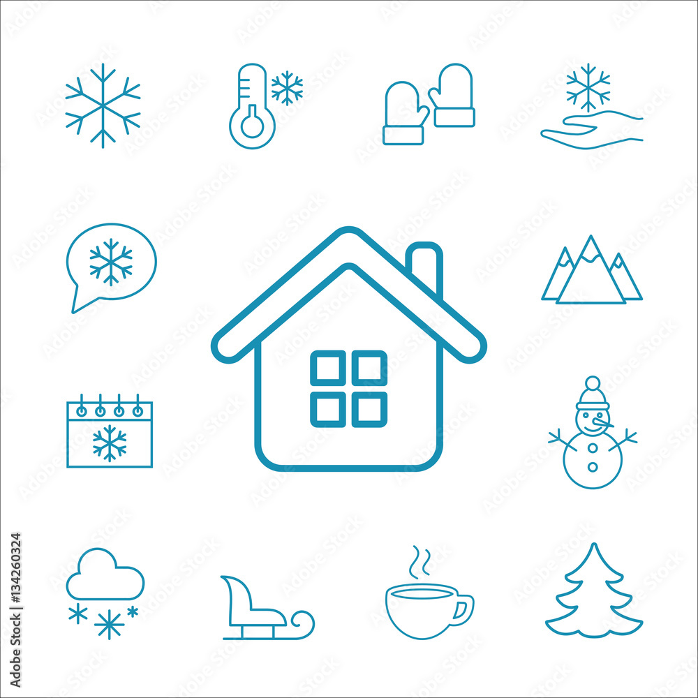 winter cold snow line icons set blue on white