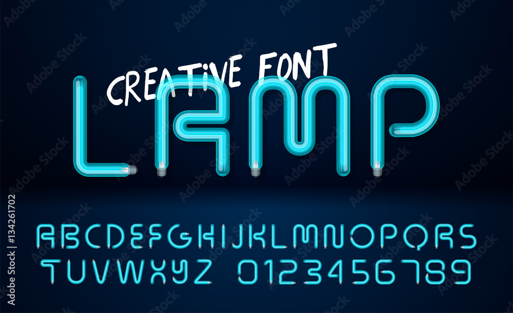 Creative realistic lamps font. Light Bulb Text Effect. Vector light bulb lamp alphabet, isolated on dark background. Vector illustration