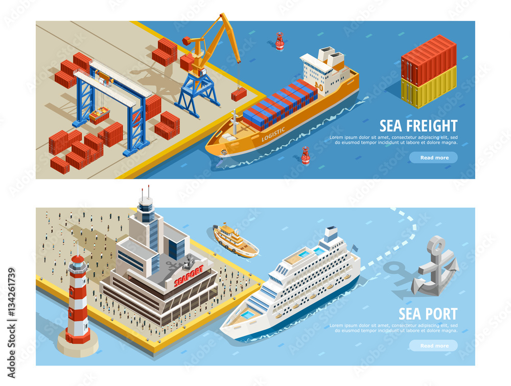 Fototapeta premium Sea Transportation Isometric Horizontal Banners