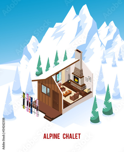 Isometric Chalet With Fireplace In Mountains 