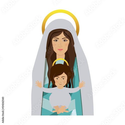 half body saint virgin mary with baby jesus vector illustration