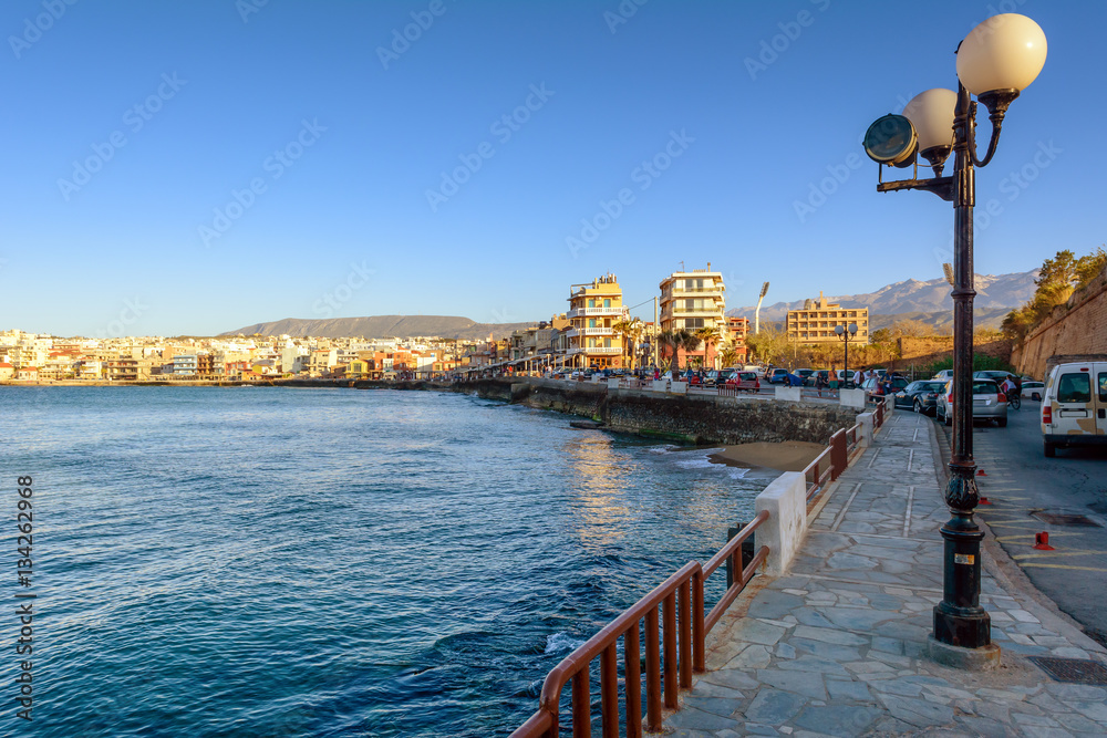 View of the Venetian city of Chania in sunset light. Crete Island. Greece.