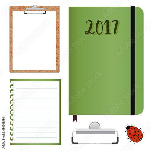 Stationery set with Clipboard with lined paper. Vector mock up template. Notebook cover