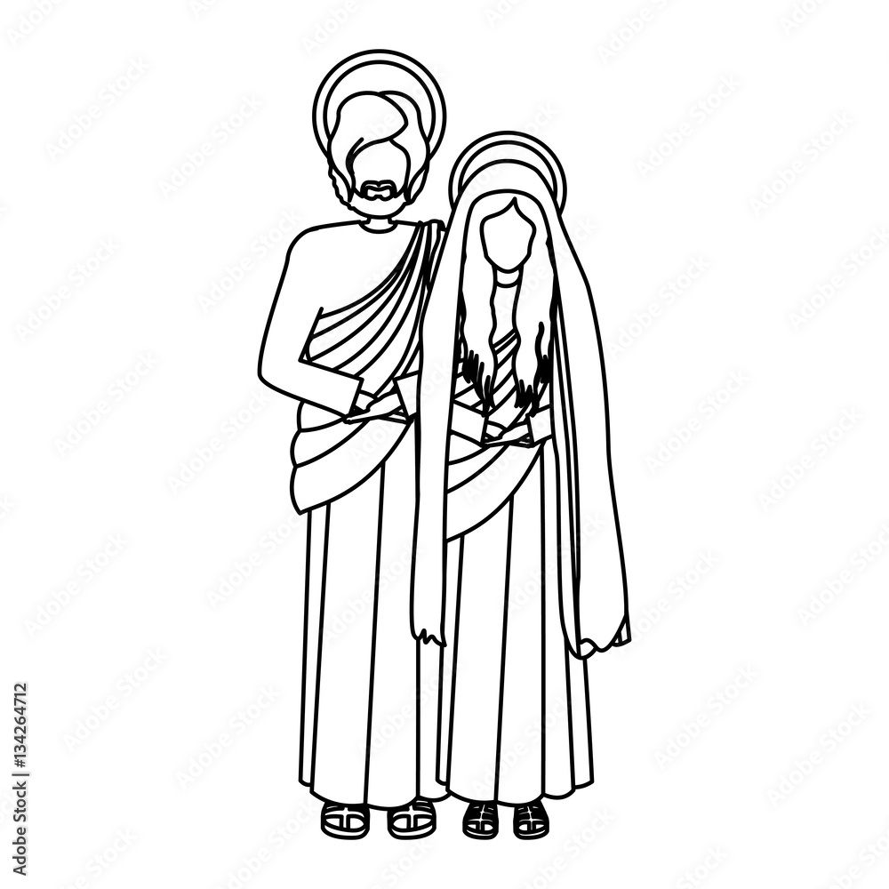 contour virgin mary and saint joseph vector illustration