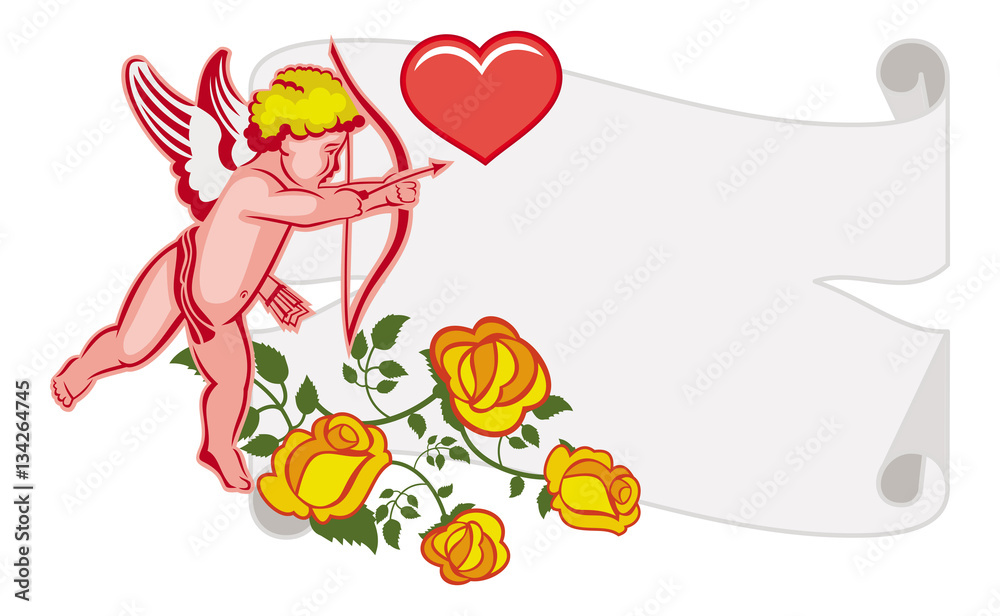 Paper scroll with Cupid, roses and hearts. Paper scroll with Cupid, roses and hearts.