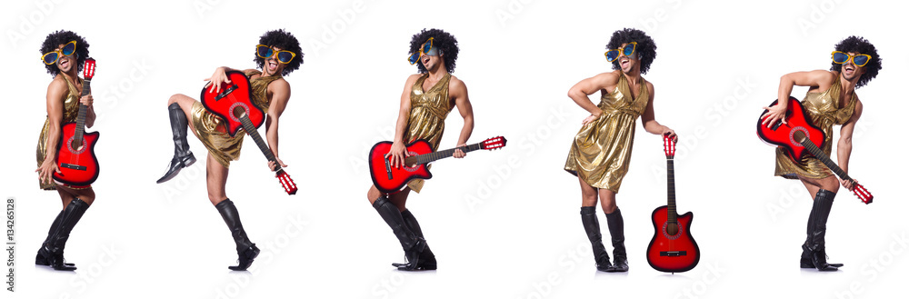 Man in woman clothing with guitar Man in woman clothing with guitar