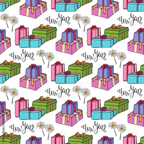 New Year wrapping paper. Gift seamless pattern. Vector bright texture with gift box and sparklers