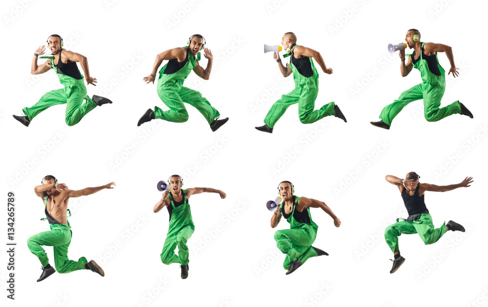 Construction worker jumping and dancing Construction worker jumping and dancing