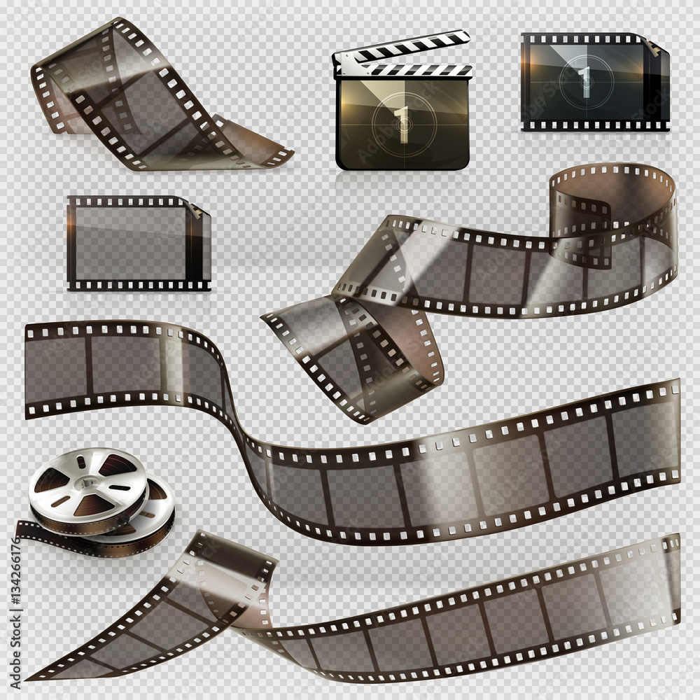 Old film strip with transparency, 3d vector icon set