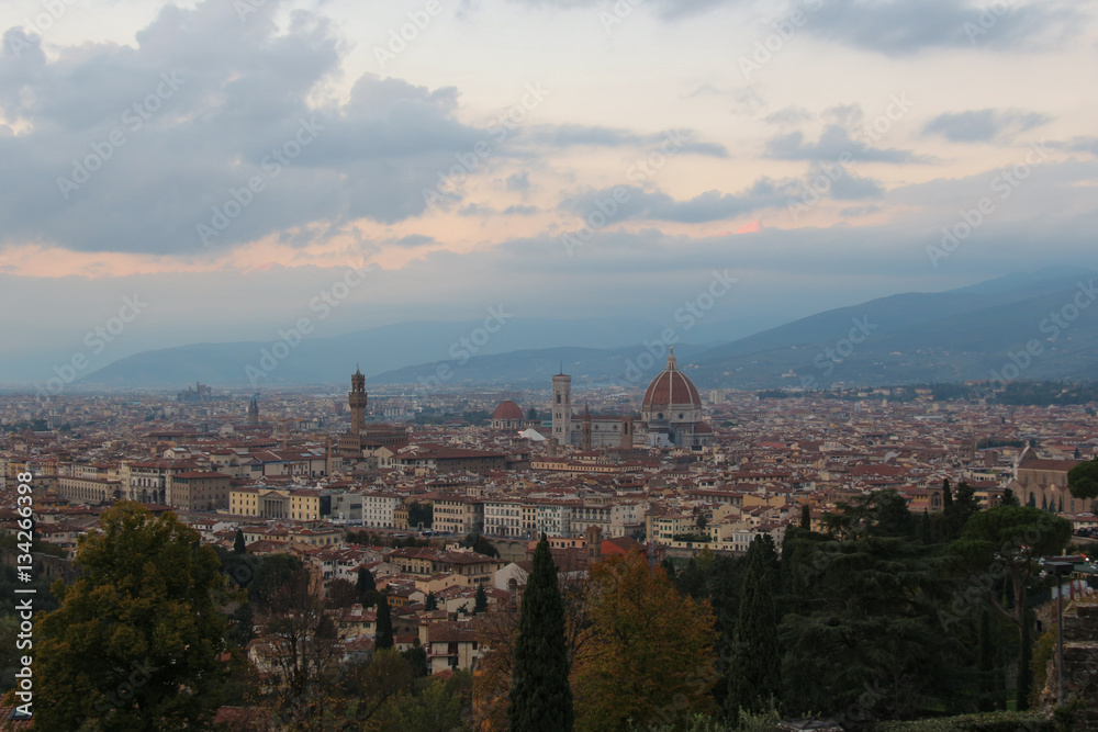 Florence at sunset. View from Basilica San Miniato al Monte. Tuscany. Italy.