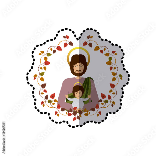 sticker arch of autumn leaves with half body saint joseph with baby jesus