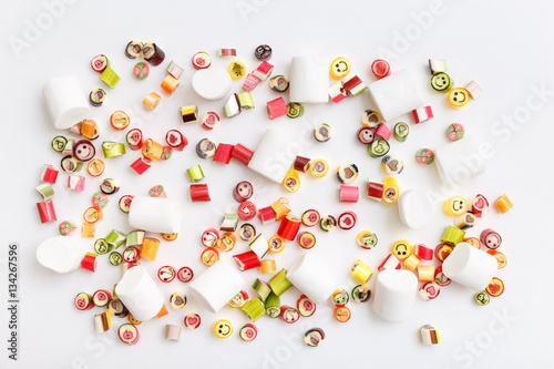 lollipops, candy pattern, top view flat lay on colorful background