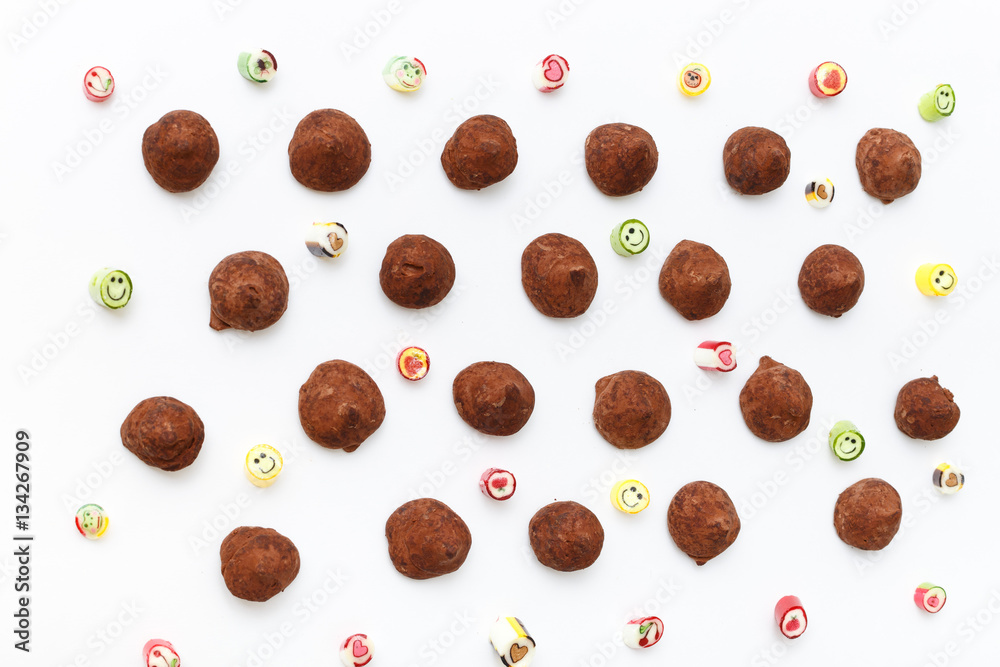 Truffles pattern, top view flat lay of various chocolate