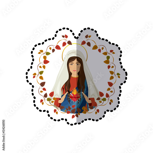 sticker arch of leaves with virgin of immaculate heart of Mary vector illustration