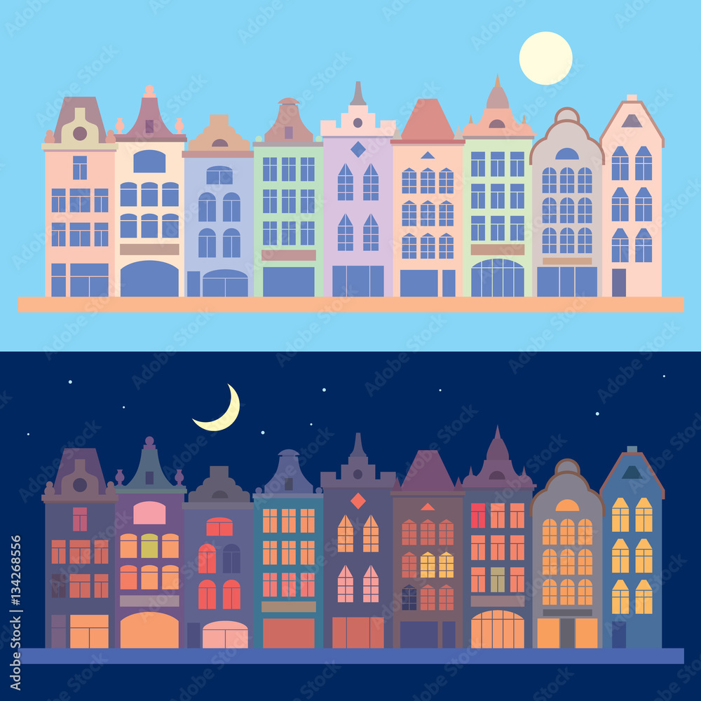 Old city buildings. Day and night cityscape.