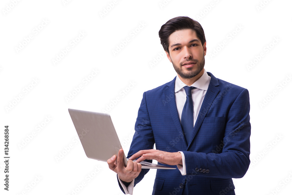 Businessman working with laptop isolated on white Businessman working with laptop isolated on white