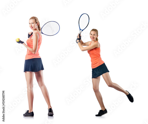 Young woman playing tennis isolated on white © Elnur
