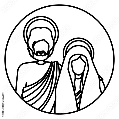 circular shape with silhouette half body virgin mary and saint joseph vector illustration