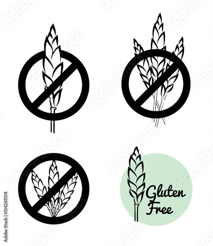 Vector Set Of Four Gluten Free Symbols With Banned Wheat Heads Icon Designs. Great for food packaging.