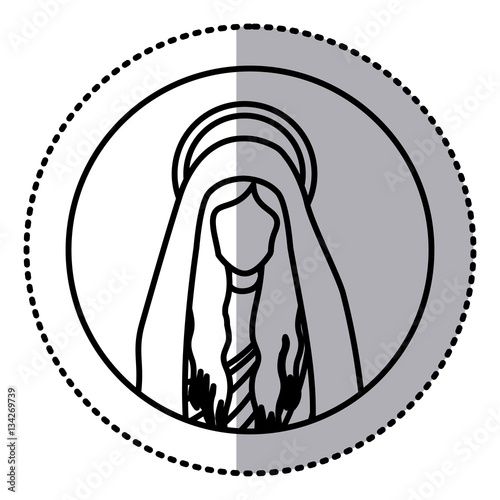 circular sticker with silhouette half body saint virgin mary vector illustration