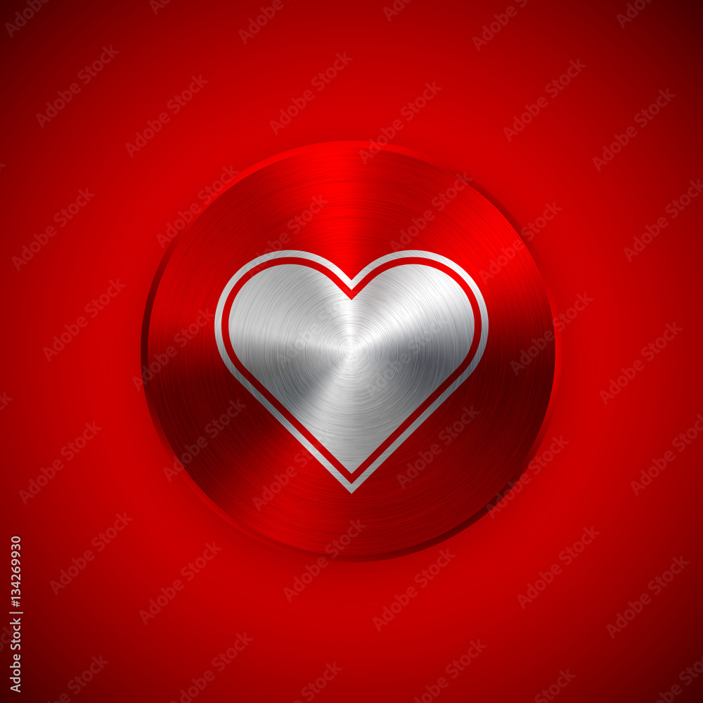 Red heart abstract circle badge, Valentines day technology button template with heart, metal texture, chrome, steel for design concepts, banners, web, prints. 14th february. Vector illustration Red heart abstract circle badge, Valentines day technology button template with heart, metal texture, chrome, steel for design concepts, banners, web, prints. 14th february. Vector illustration