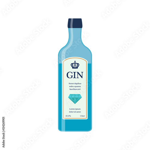 Traditional dry gin in blue bottle. Alcohol drink. Flat style.